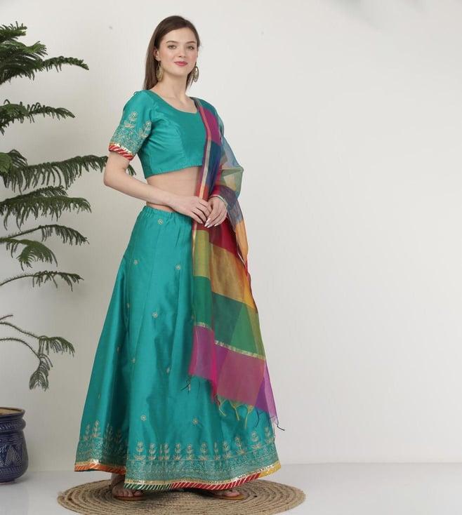 kaanchie nanggia poly dupion turquoise embroidery lehenga set