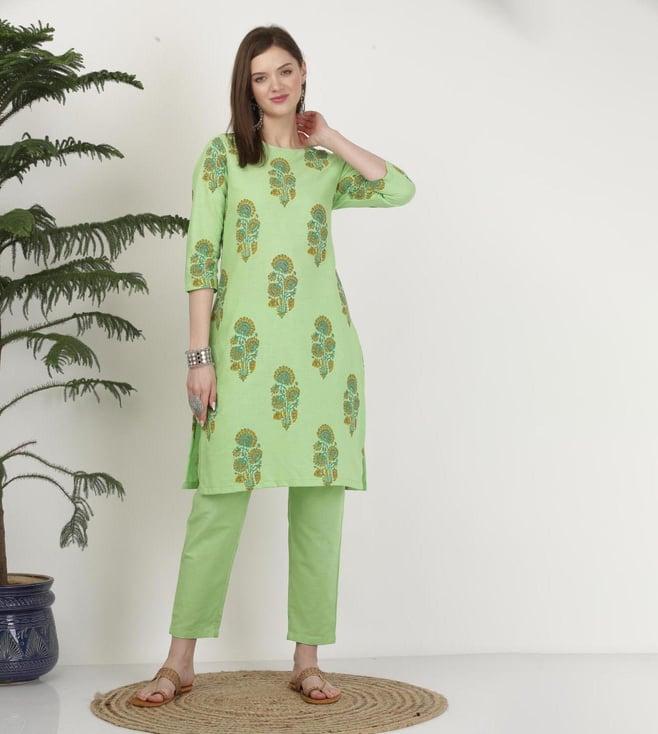 kaanchie nanggia pure cotton green block printed kurta pant set