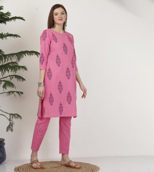 kaanchie nanggia pure cotton pink block printed kurta pant set
