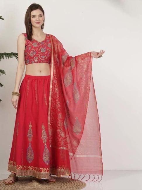 kaanchie nanggia pure silk red block printed lehenga set