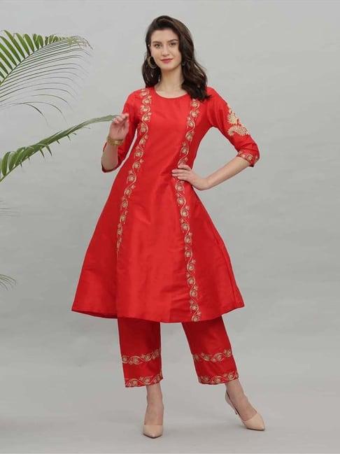 kaanchie nanggia red embroidery silk blend set of kurta pants