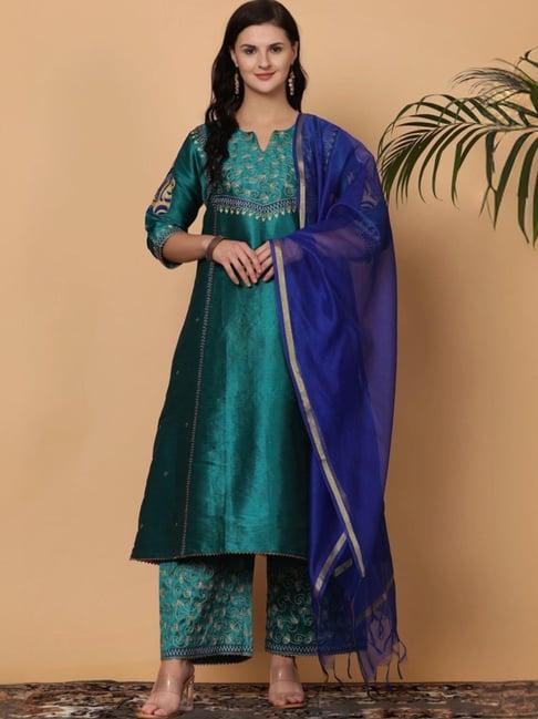 kaanchie nanggia teal green embroidered kurta and pallazo with blue dupatta