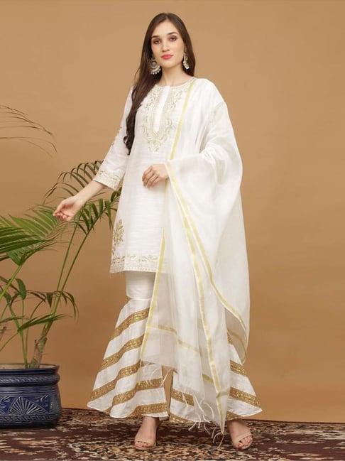 kaanchie nanggia white embroidered silk kurta pant dupatta set