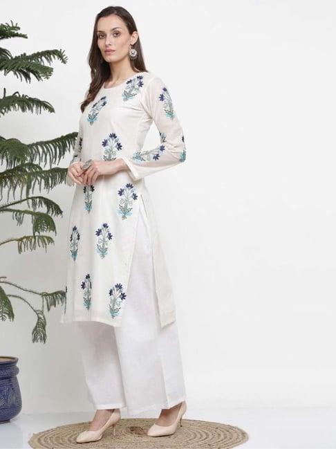 kaanchie nanggia white embroidred a line kurta and pant set