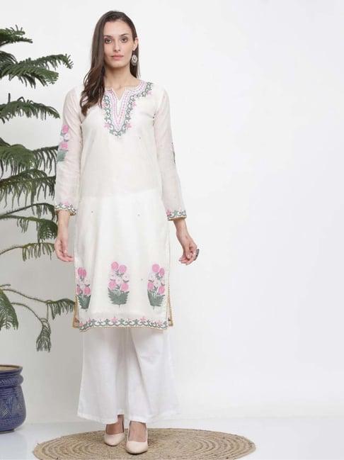 kaanchie nanggia white embroidred a line kurta and pant set