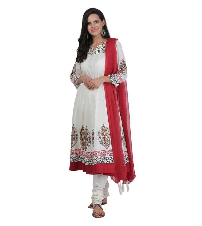 kaanchie nanggia white mercerized cotton anarkali and churidar with dupatta (set of 3)