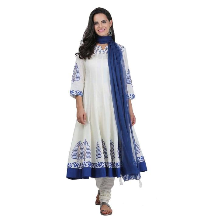 kaanchie nanggia white mercerized cotton anarkali with churidar and dupatta set (set of 3)