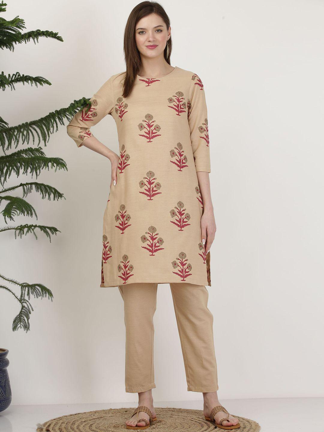 kaanchie nanggia women beige floral printed pure cotton kurta with trousers