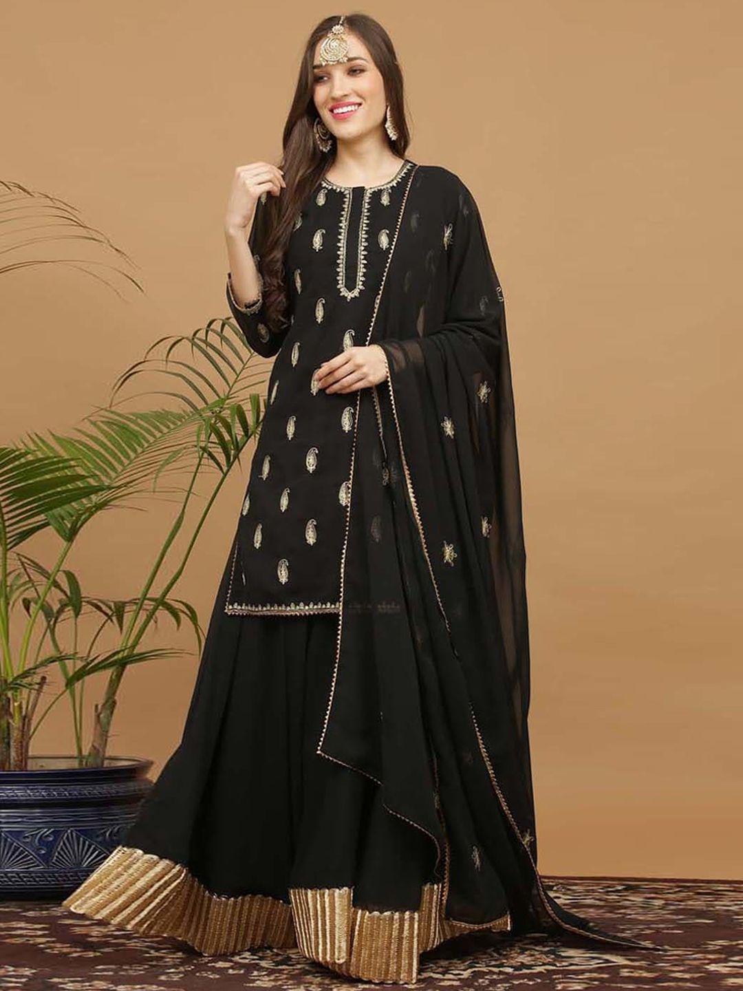 kaanchie nanggia women black ethnic motifs embroidered regular thread work silk georgette kurta with skirt &