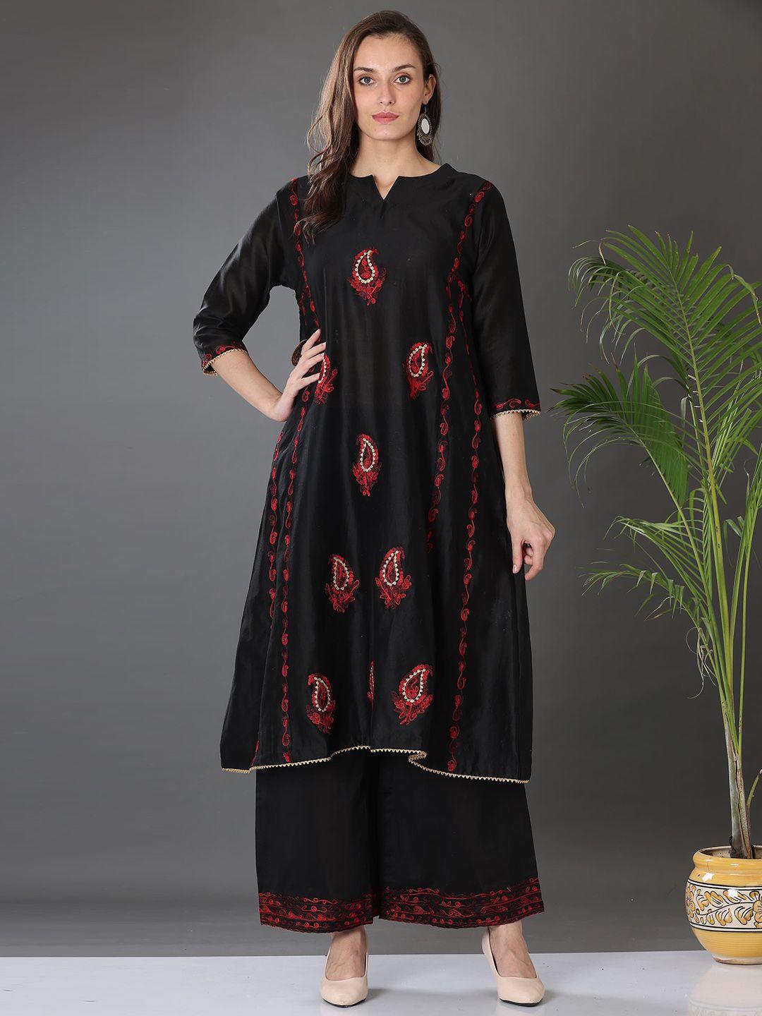 kaanchie nanggia women black paisley embroidered regular thread work pure cotton kurta with palazzos