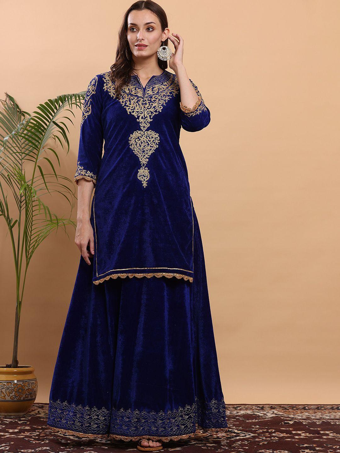 kaanchie nanggia women blue floral embroidered kurta with skirt