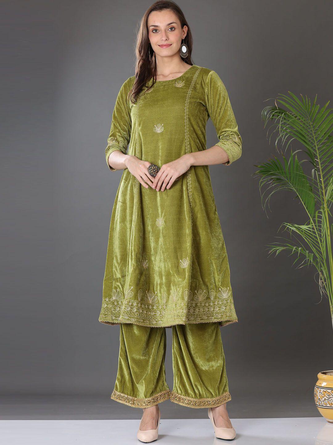 kaanchie nanggia women green floral embroidered empire thread work velvet kurta with palazzos