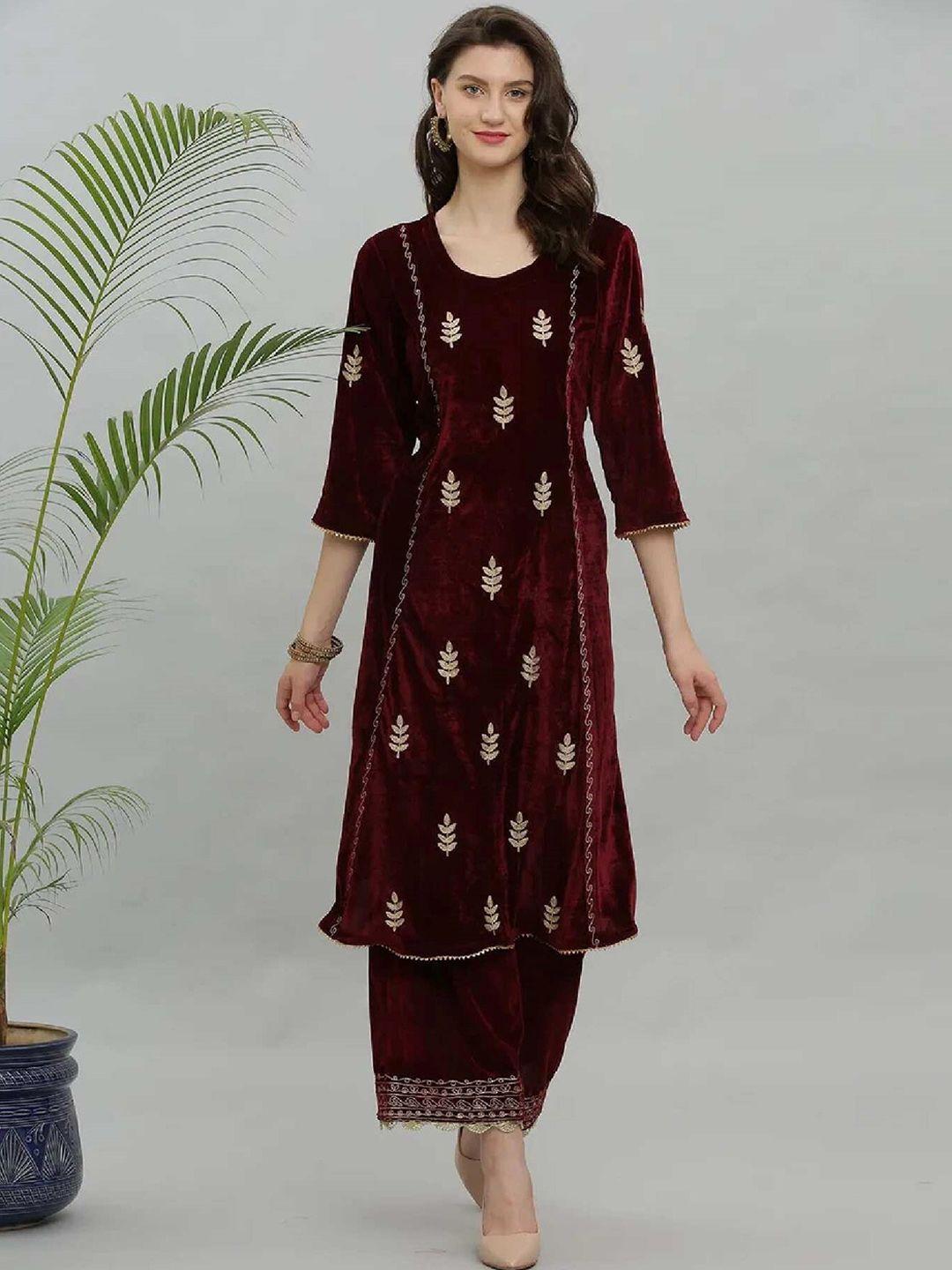 kaanchie nanggia women maroon ethnic motifs embroidered regular thread work velvet kurta with palazzos
