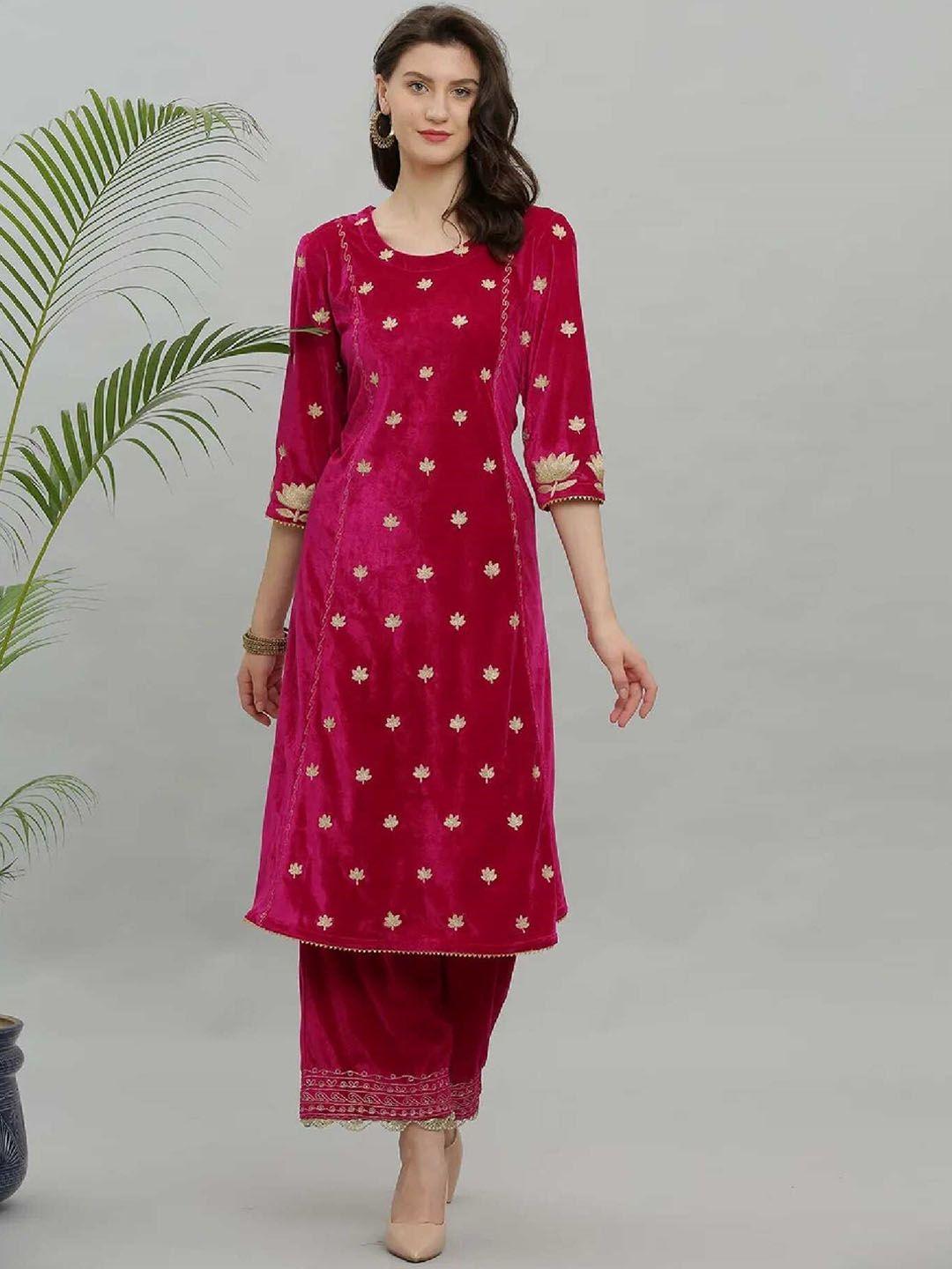 kaanchie nanggia women pink ethnic motifs embroidered regular thread work velvet kurta with palazzos