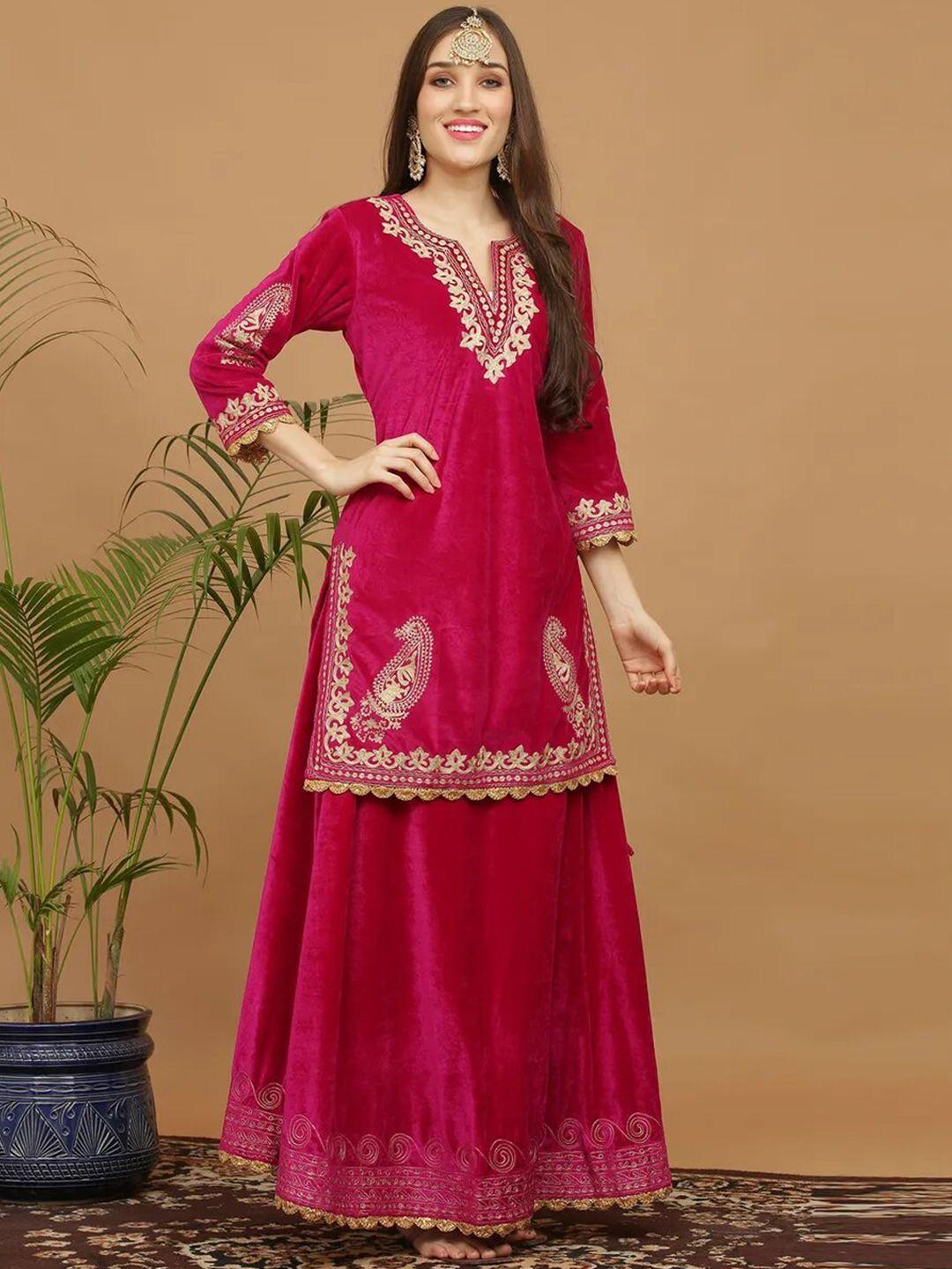 kaanchie nanggia women pink ethnic motifs embroidered regular thread work velvet kurta with skirt