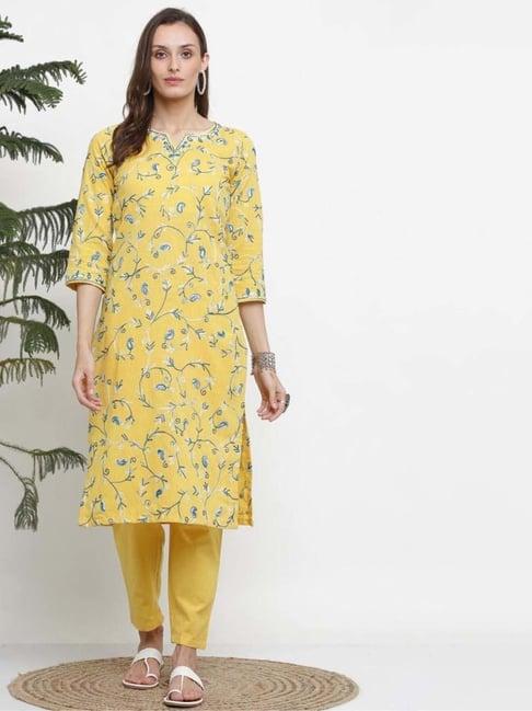 kaanchie nanggia yellow cotton embroided kurta pant set