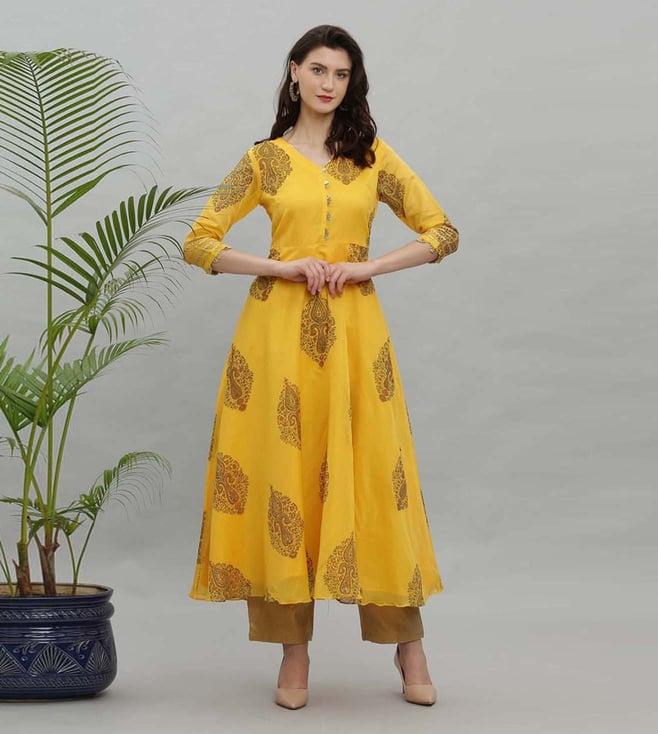 kaanchie nanggia yellow printed chanderi set of kurta pants