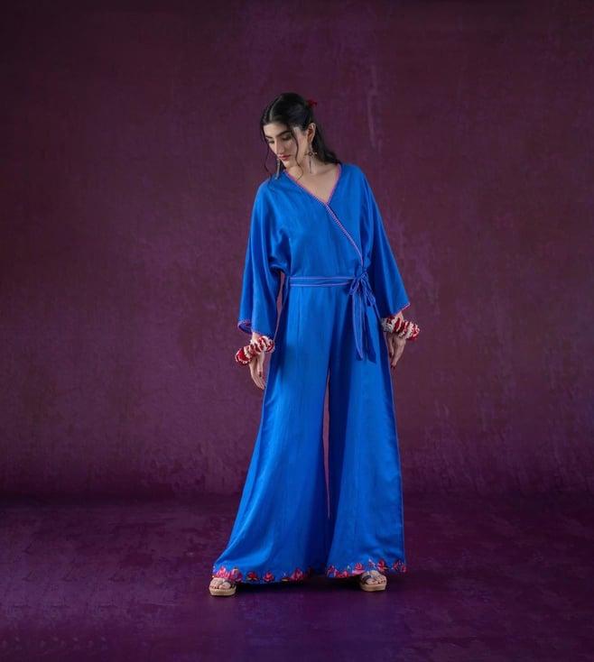 kacha tanka blue gulaab chaap flared jumpsuit