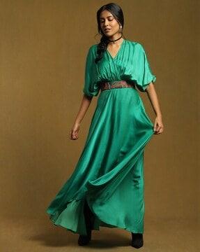 kaftan flared dress with embroidered belt