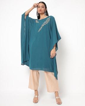 kaftan kurta with floral embroidery & sequins