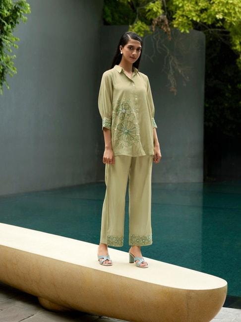 kaftanize kiaa pista green applique and embroidered shirt with pant
