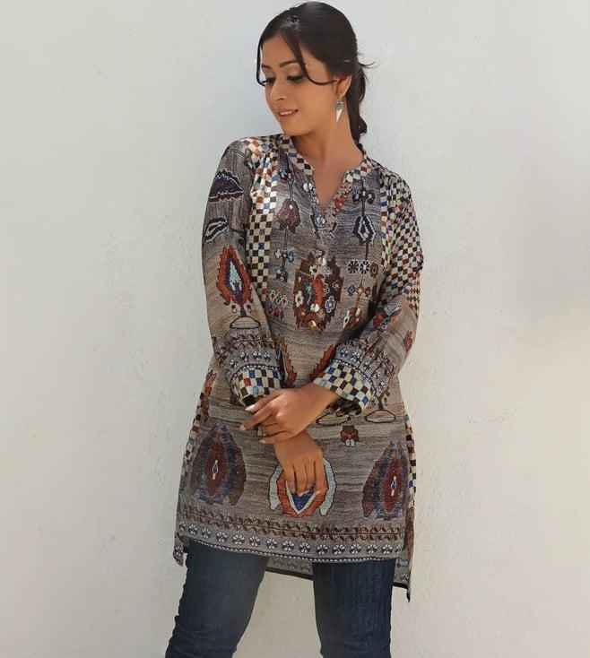 kaftanize ash grey kyna printed high low tunic