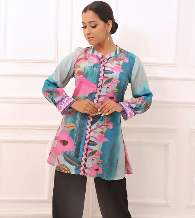 kaftanize blue kyna tunic with bold floral print