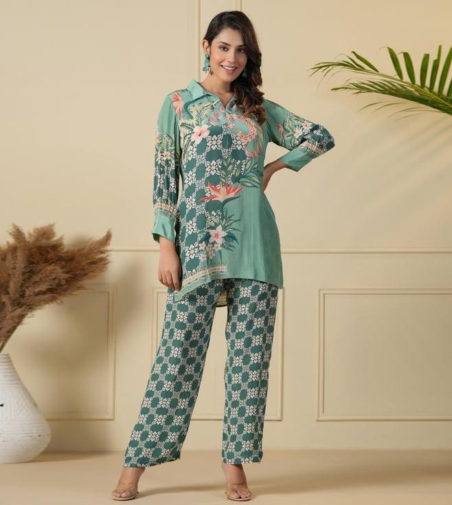 kaftanize clora green placement printed viscose satin tunic set