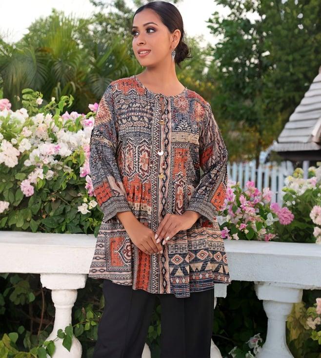 kaftanize grey & orange kyna printed tunic with tie detail at neck