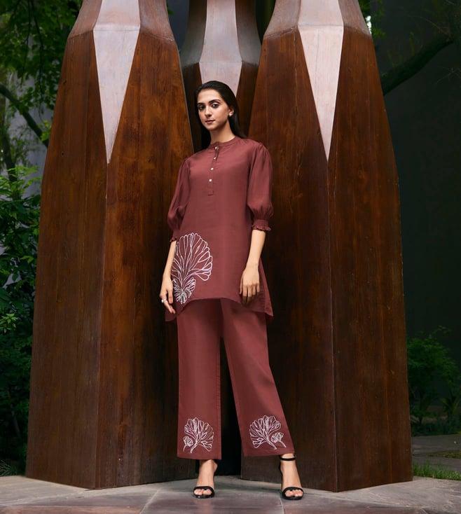 kaftanize kiaa brick red emboidered thread work tunic with pant