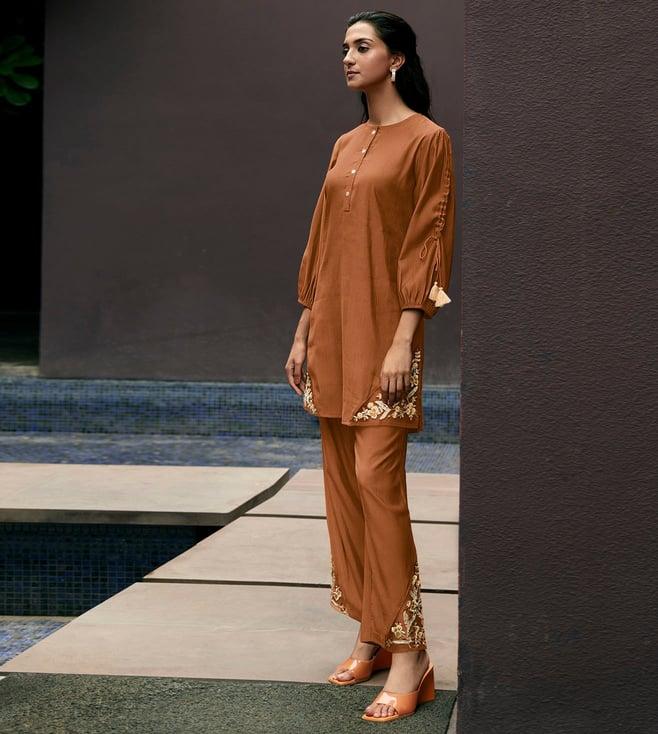 kaftanize kiaa rust embroidered thread work tunic with straight pant