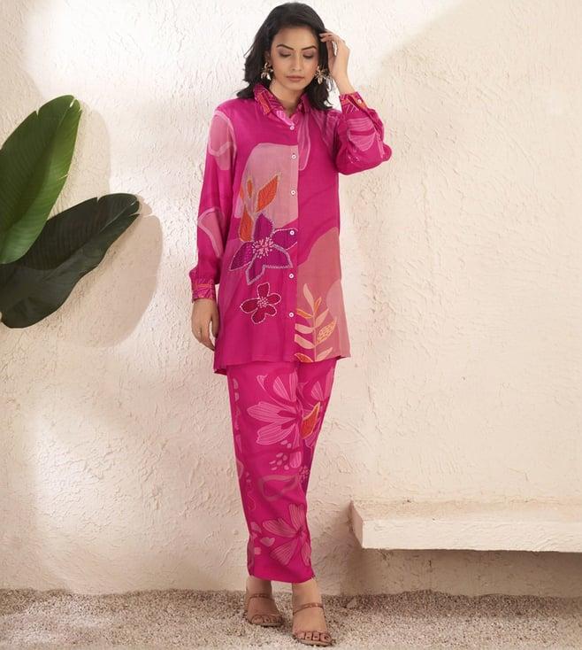 kaftanize pink gulbahar floral sequins viscose 3 piece shirt and pant co-ord set with camisole