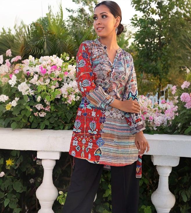 kaftanize red & grey kyna multicolour printed high low tunic