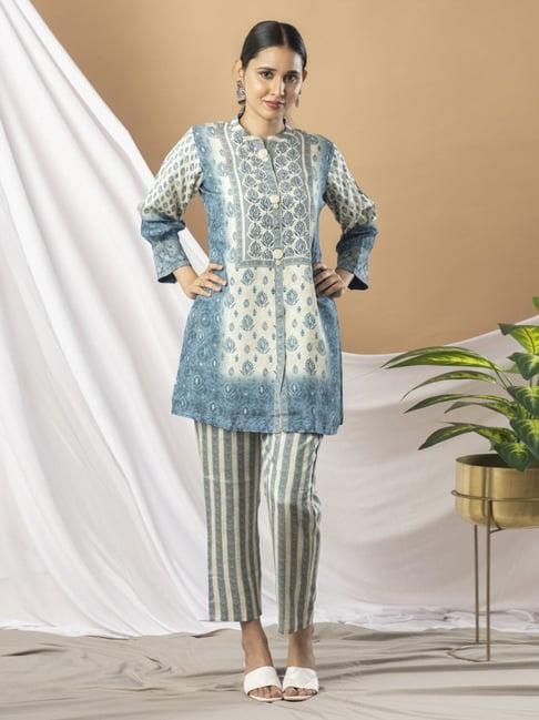 kaftanize sky blue ashfi printed flory kurta with pant