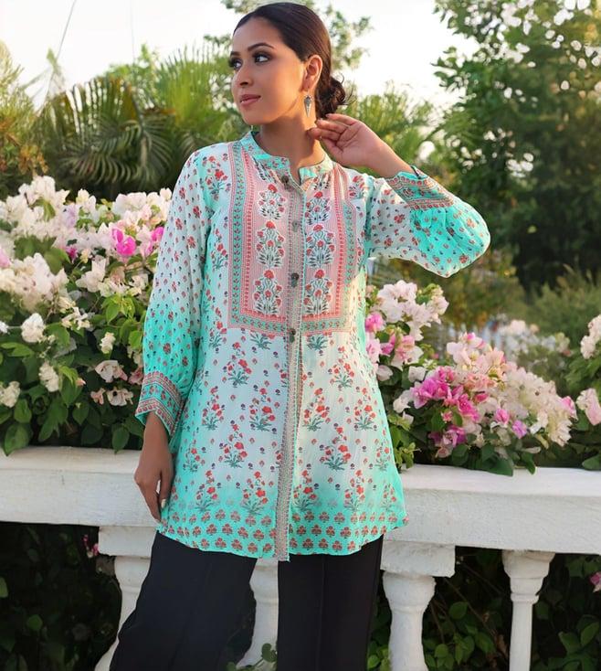 kaftanize white & turquoise blue kyna floral printed tunic