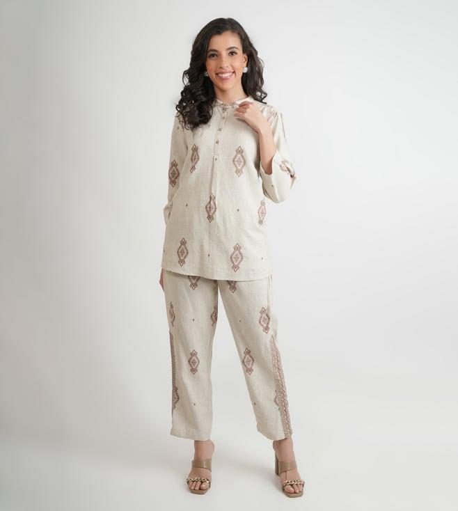 kaftanize white karni printed tunic with pant