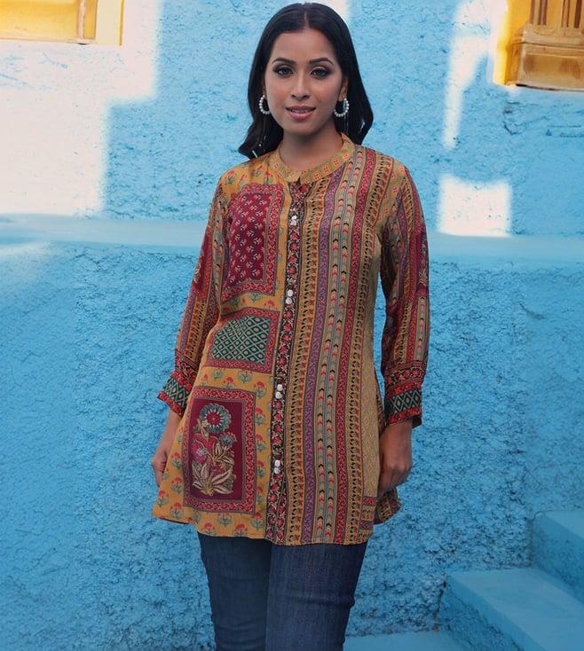 kaftanize yellow & red kyna floral printed tunic