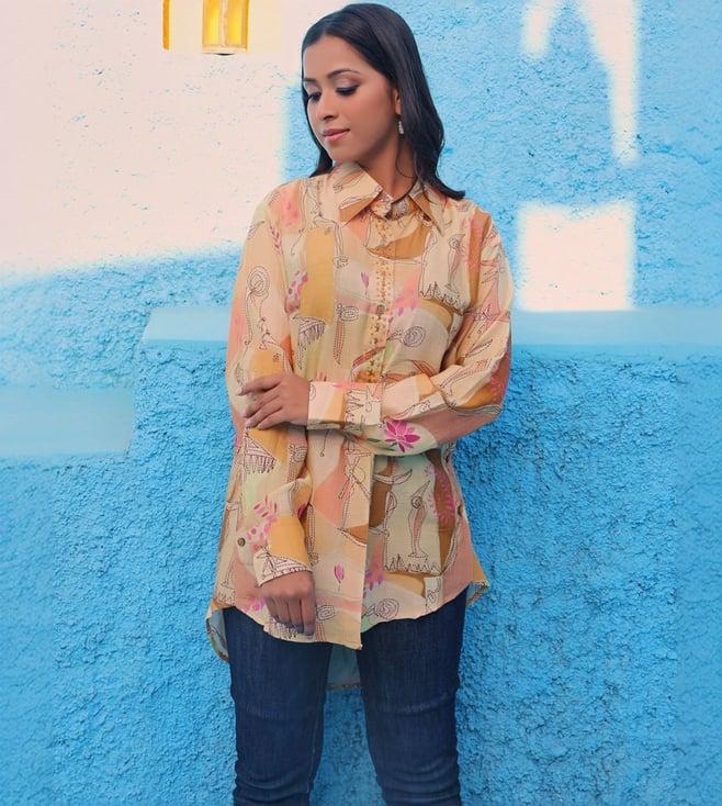 kaftanize yellow kyna abstract and floral printed shirt style tunic with embroidery details