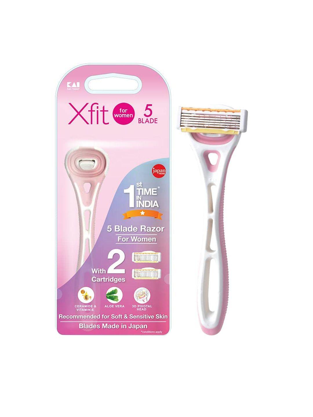 kai women xfit 5-blade body razor with 3d pivot handle & 2 cartridges - pink & white