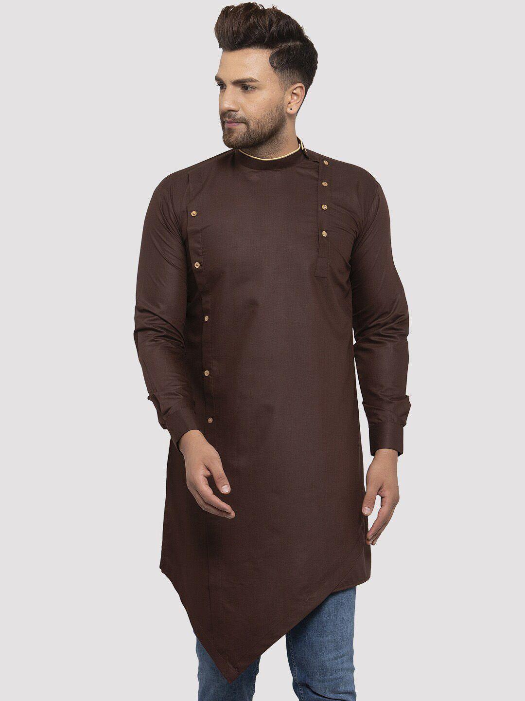 kaifoo men brown cold-shoulder sleeves thread work asymmetric kurta
