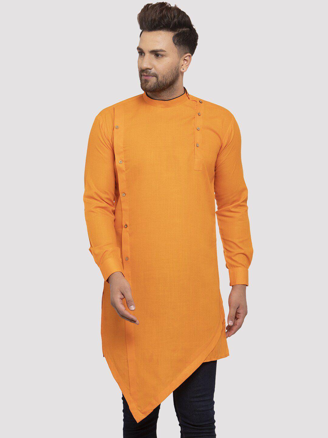 kaifoo men orange cold-shoulder sleeves asymmetric kurta