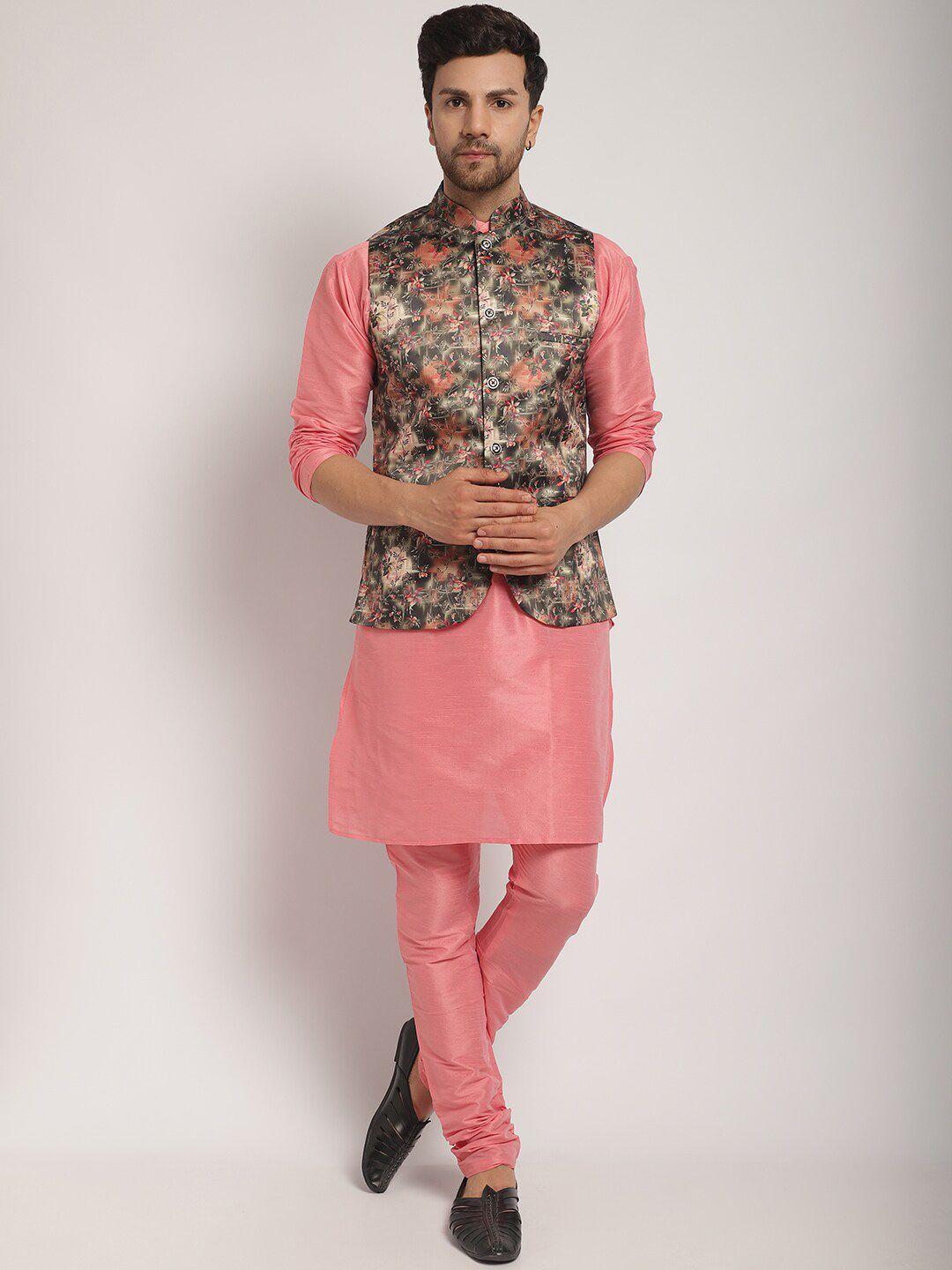kaifoo men pink floral regular kurta with churidar