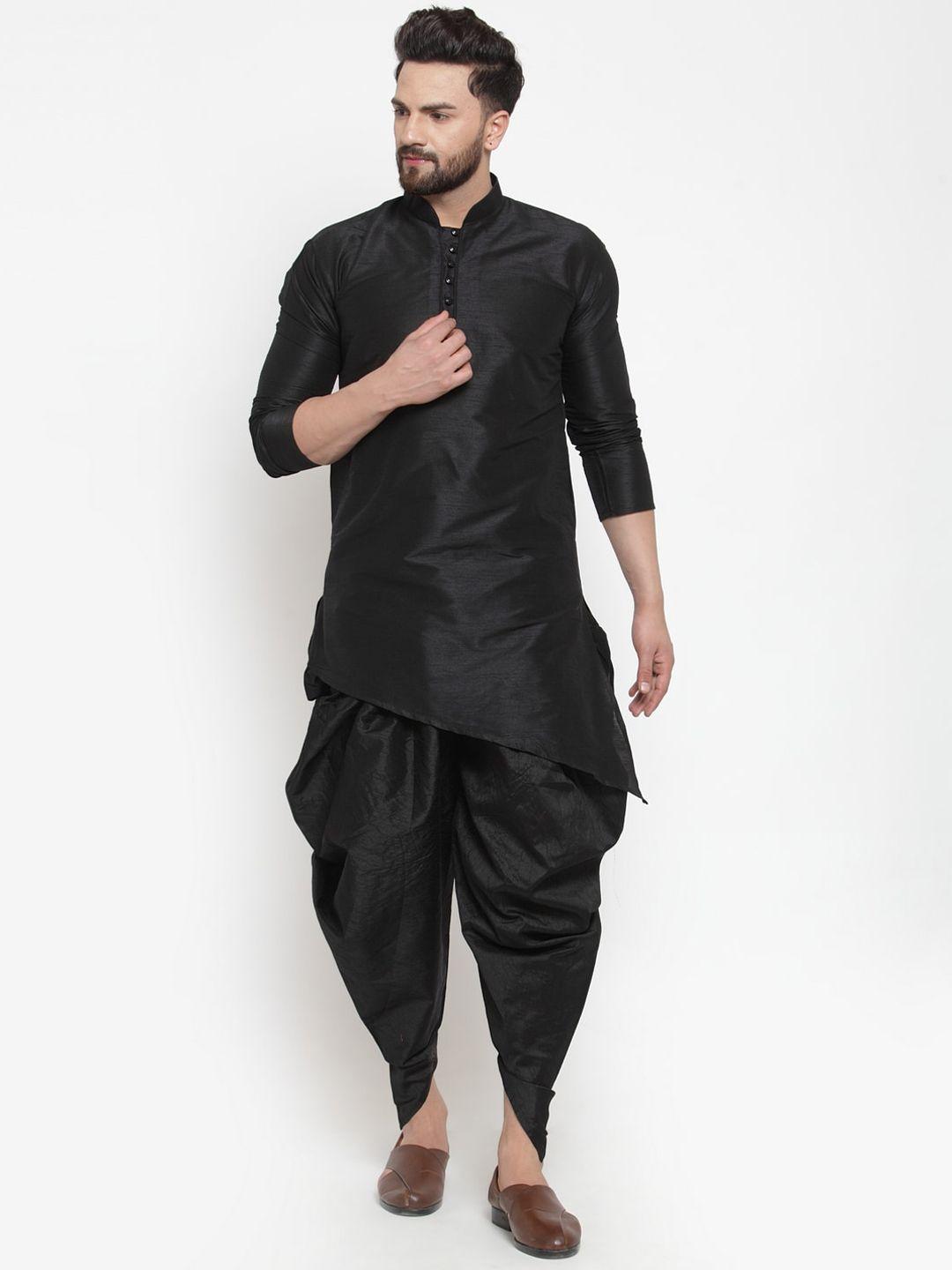 kaifoo men black dupion silk kurta with dhoti pants