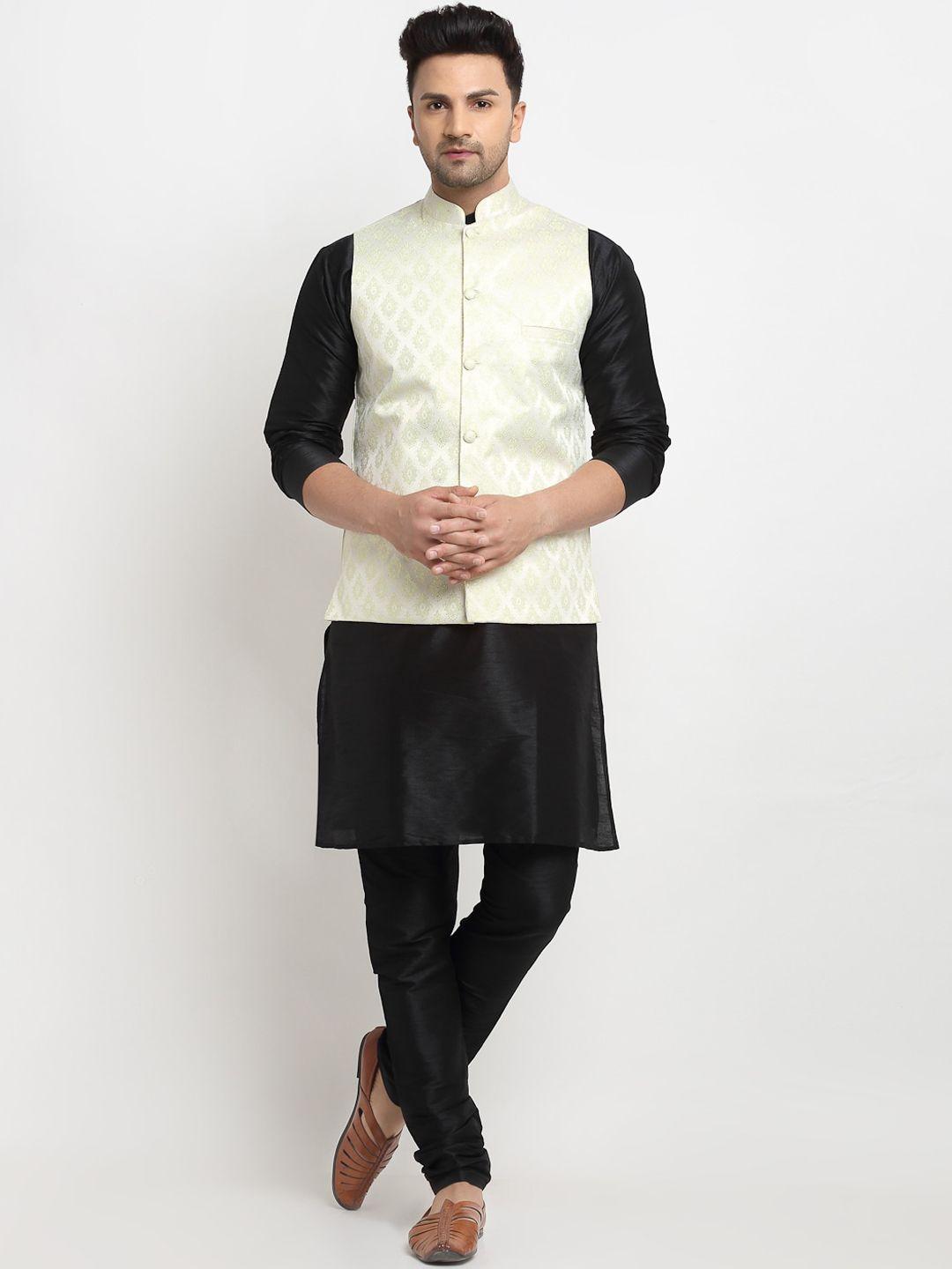 kaifoo men black solid kurta with churidar & nehru jacket