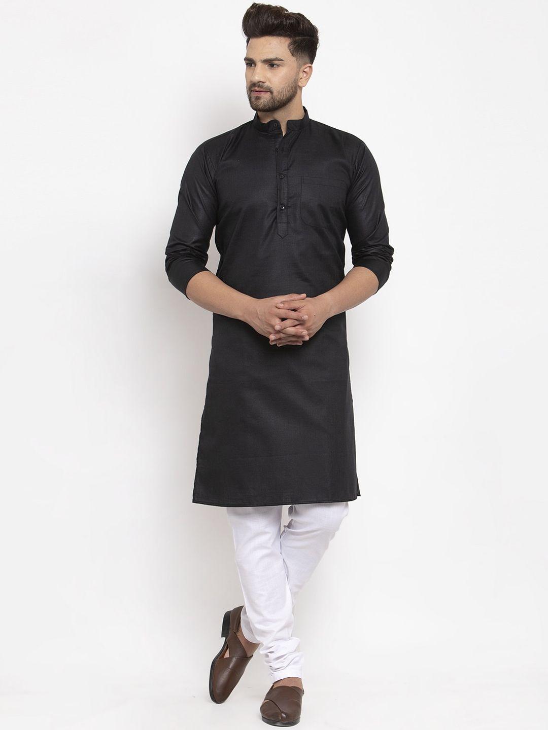 kaifoo men black solid mandarin neck straight kurta with churidar