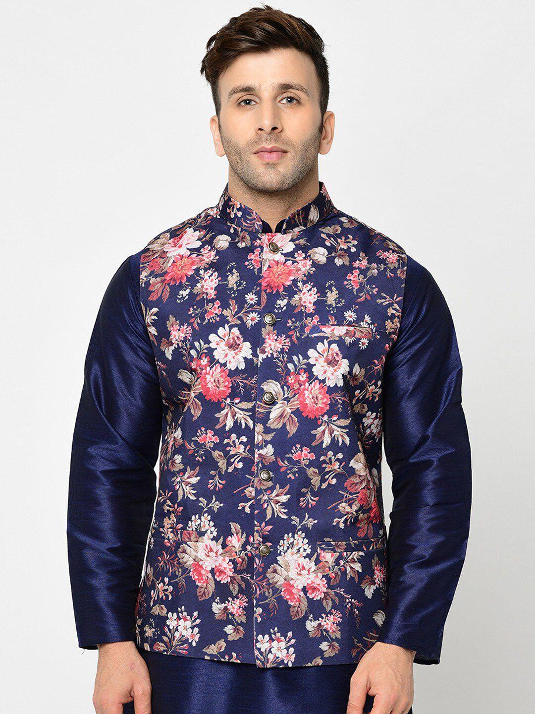 kaifoo men blue printed nehru jackets