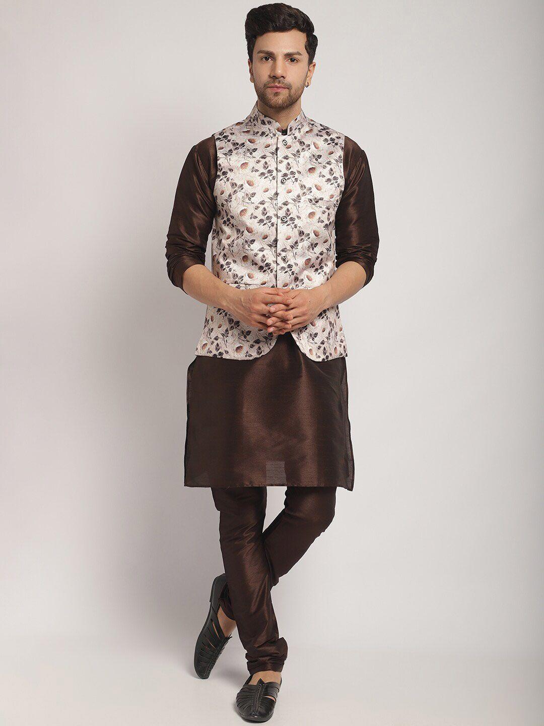 kaifoo men brown floral regular kurta with churidar