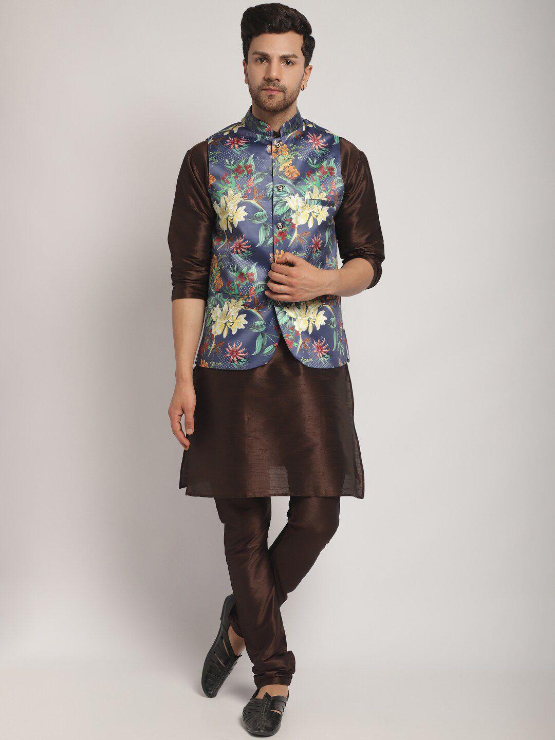 kaifoo men brown floral regular kurta with churidar