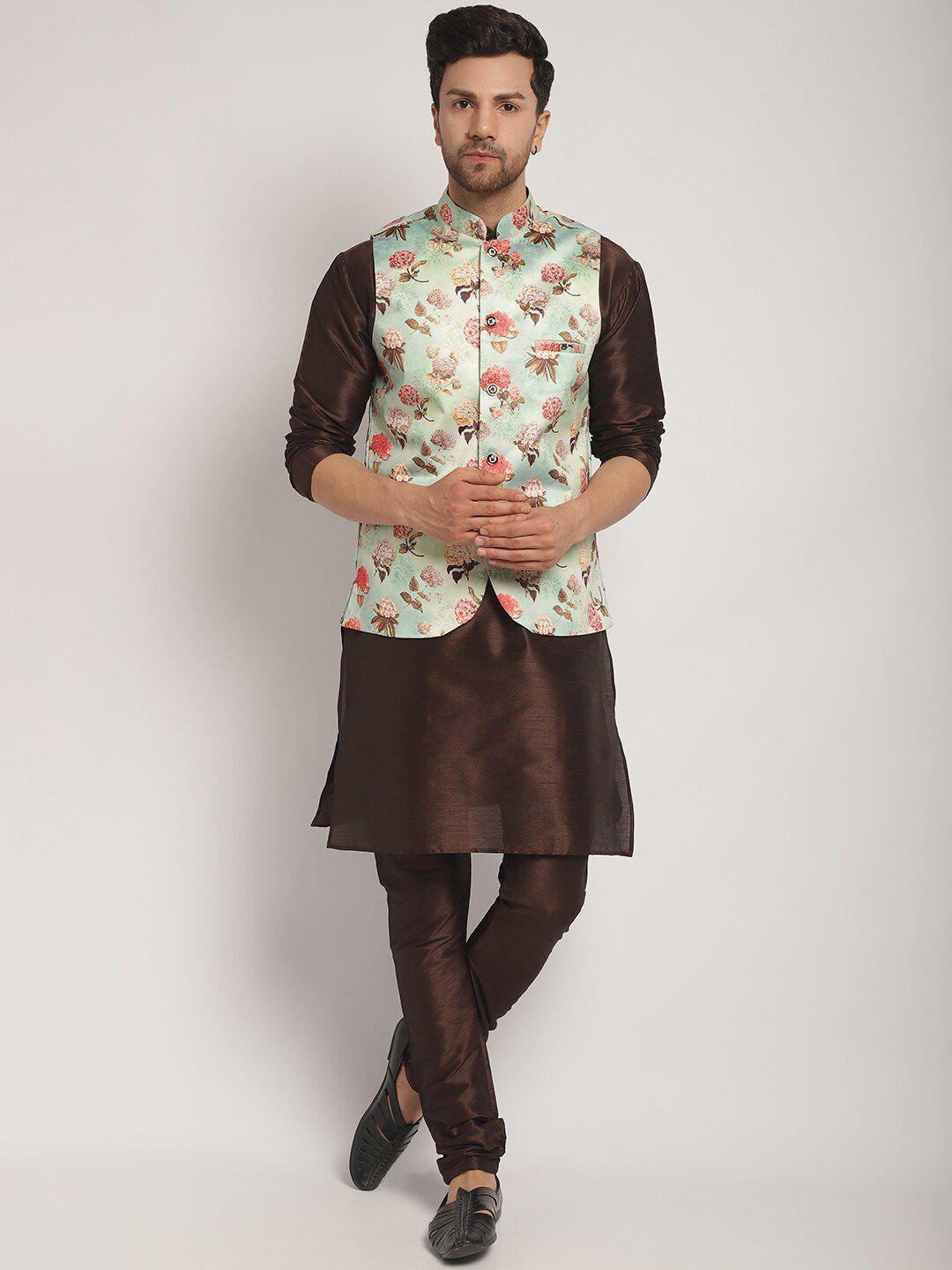 kaifoo men brown floral regular kurta with churidar