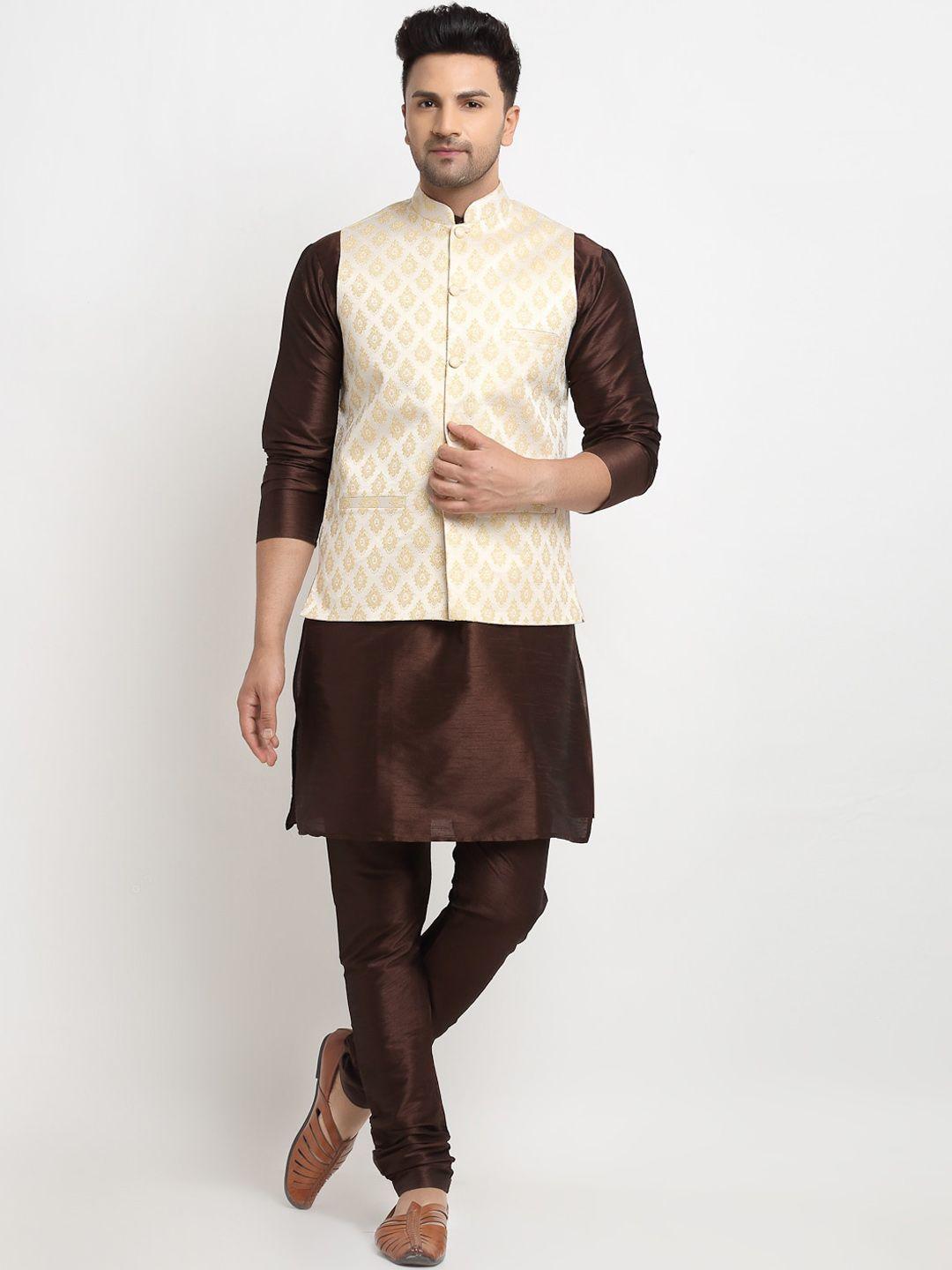 kaifoo men brown solid kurta with churidar & nehru jacket